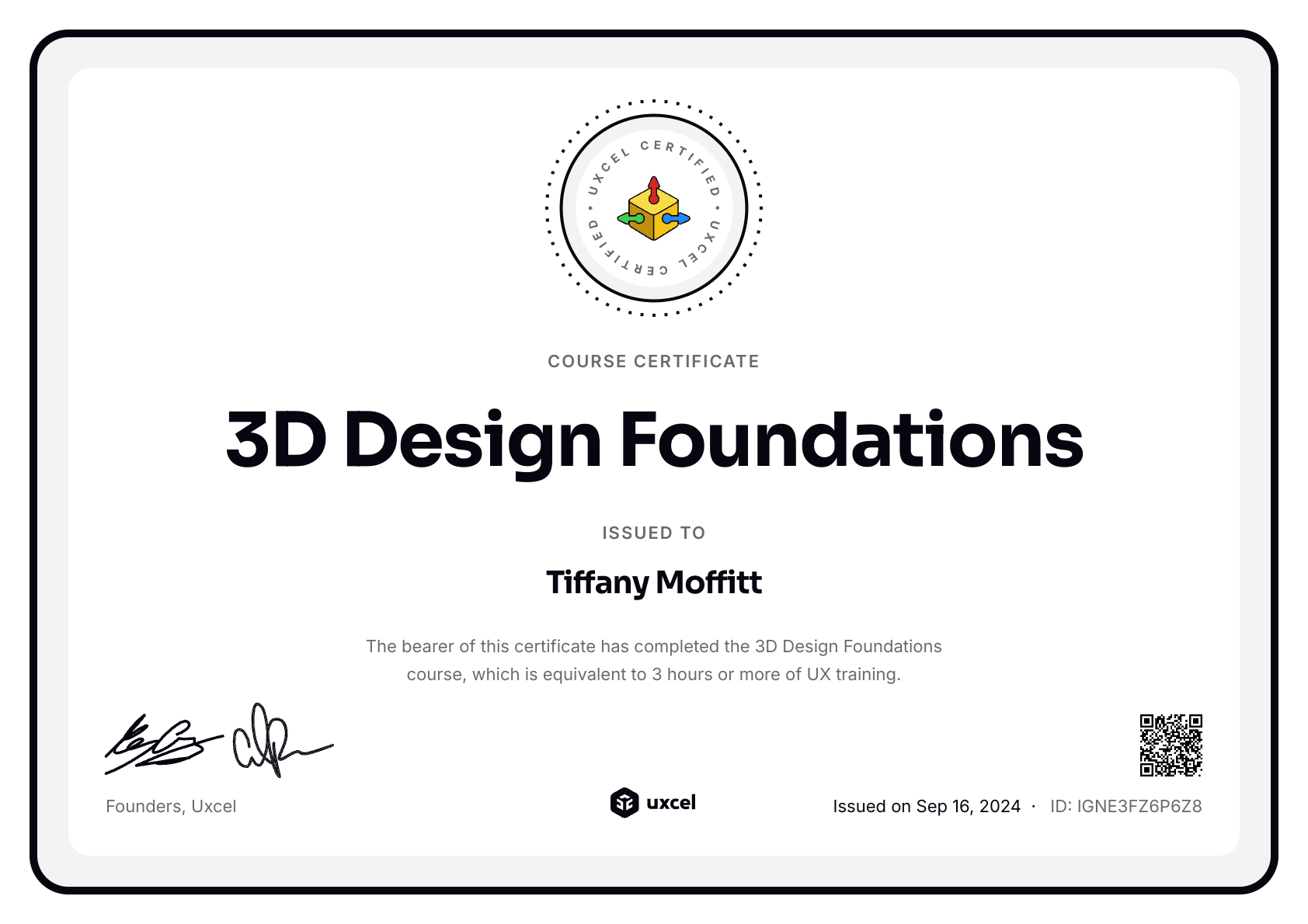 Tiffany Moffitt's certificate